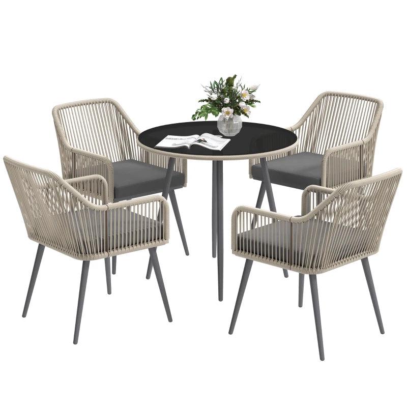 4 Seater Light Brown Rattan Dining Set with Cushions - Outdoor Round Glass Top Table and Chairs for Patio and Balcony