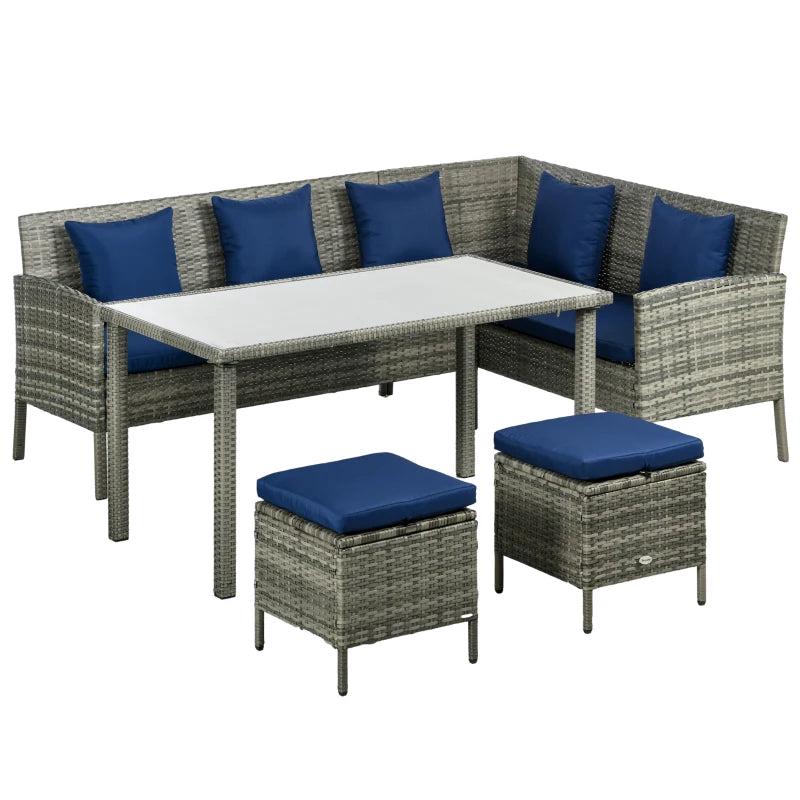 5-Piece Dark Blue Rattan Garden Furniture Set with Dining Table and Cushions - Outdoor Patio Seating