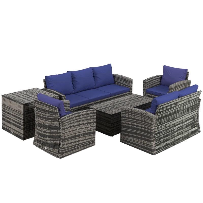 6-Piece Navy Blue Rattan Garden Furniture Set - 7-Seater Wicker Outdoor Sectional Sofa with Cushions & Storage Tea Table