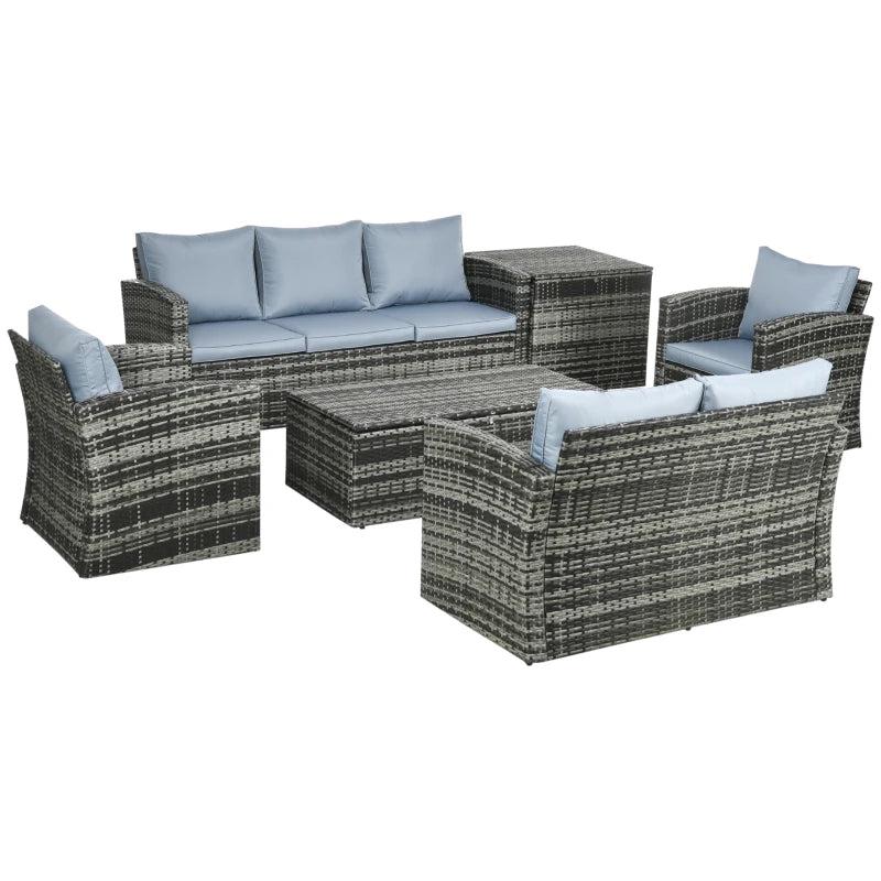 6 Pieces Grey Rattan Garden Furniture Set - 7 Seater Wicker Outdoor Sofa Set with Storage Tea Table & Side Table, Cushions Included