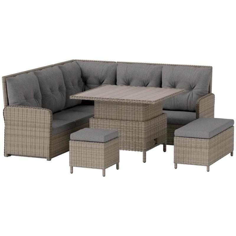 6 Pieces Light Grey Outdoor PE Rattan Garden Furniture Set - Patio Wicker Sectional Sofa with Soft Padded Cushions & Liftable Coffee Table