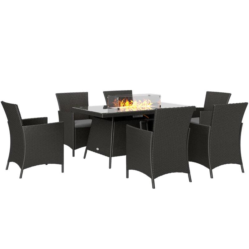 7-Piece Black Outdoor Rattan Garden Furniture Set with Fire Pit Table, 6-Seater Dining Set with Cushions and Propane Heater, 50,000 BTU