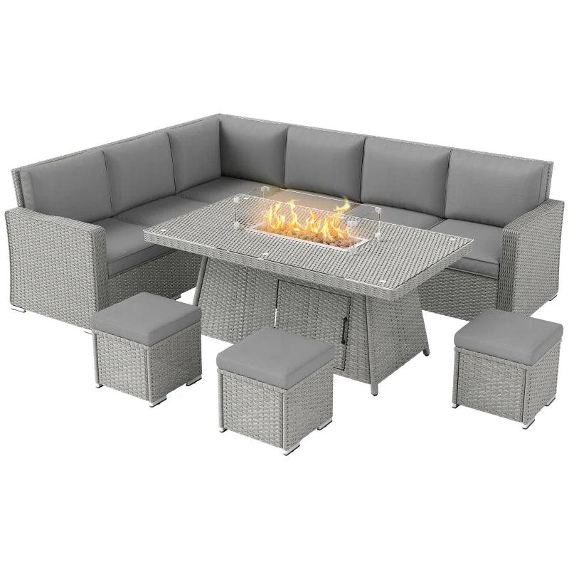 7-Piece Grey Rattan Sofa Set with Firepit Table - Outdoor Patio Furniture