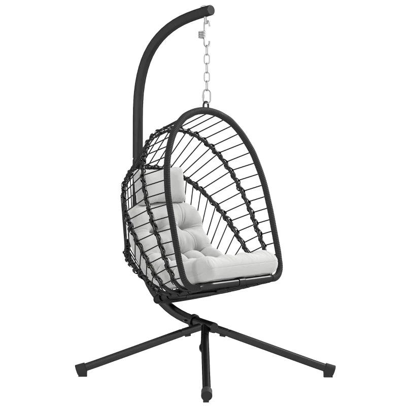 Black Outdoor PE Rattan Swing Chair with Cushion - Foldable Garden Hanging Egg Chair with Metal Stand and Headrest for Indoor and Outdoor Use