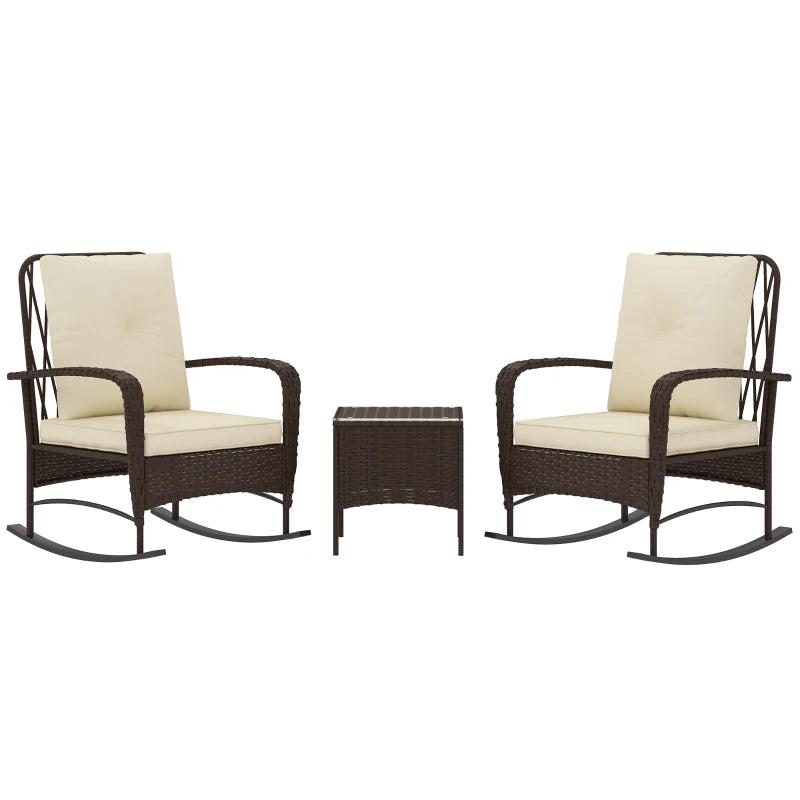 Brown Rattan Three-Piece Rocking Chair Bistro Set - Outdoor Furniture, Comfortable Seating