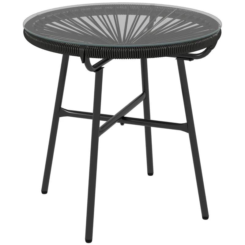Round Black Rattan Side Table - Outdoor Coffee Table with Tempered Glass Top for Patio, Garden, Balcony - 18" Diameter
