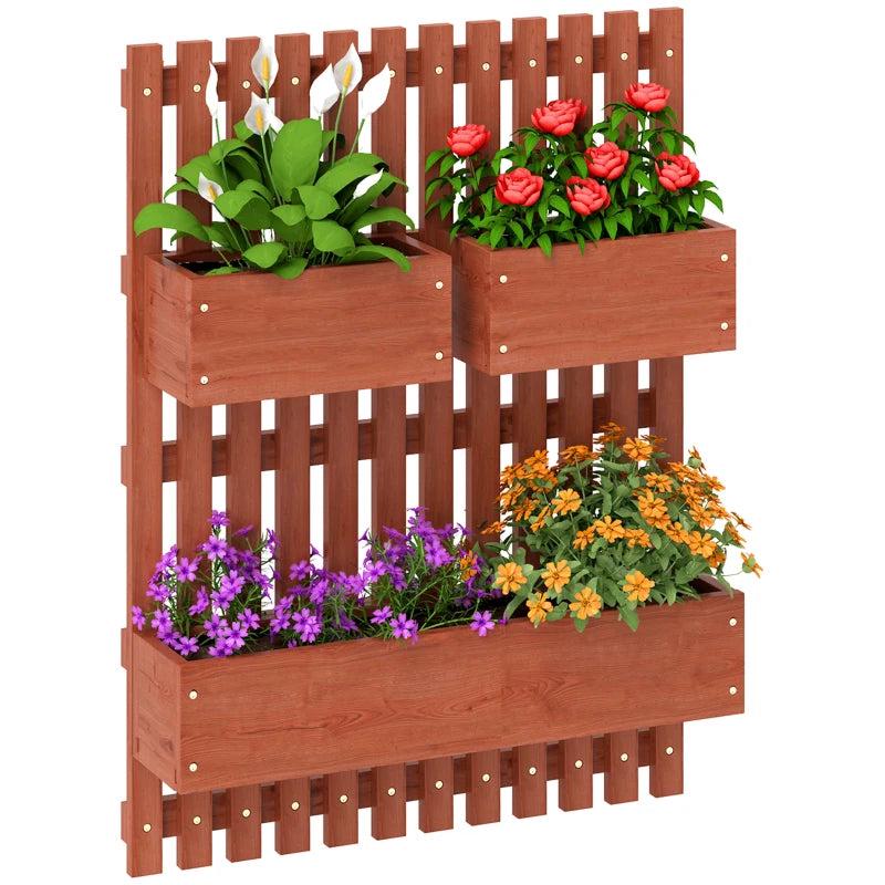 Wall-Mounted Wooden Garden Planters with Trellis - Brown - 3 Planter Boxes with Drainage Holes for Patio - 120cm