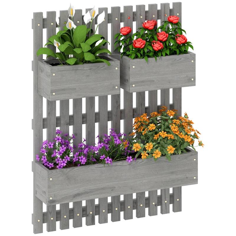 Wall-Mounted Wooden Garden Planters with Trellis - Grey - 3 Planter Boxes with Drainage Holes for Patio - 120cm