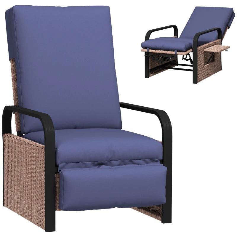 140 Reclining Rattan Armchair - Comfortable Brown and Blue Outdoor Lounge Chair