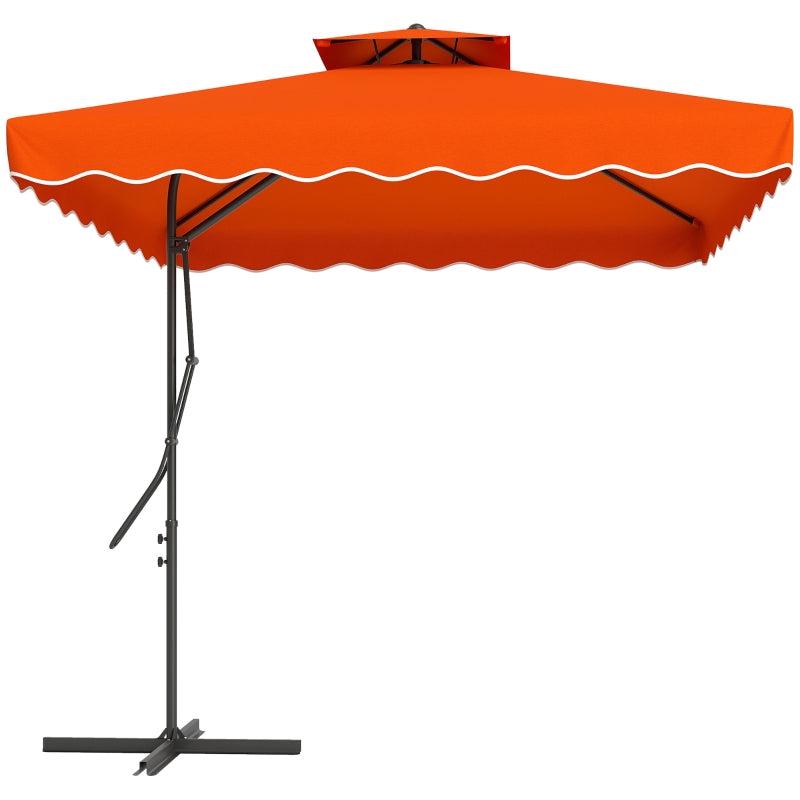 2.5m Cantilever Parasol Umbrella with Easy Lever, Square Double Top, Ruffled Outdoor Sun Shade - Orange