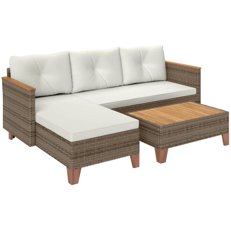 3-Piece Rattan Garden Furniture Set - L-Shaped Chaise Lounge & Coffee Table with Cushions