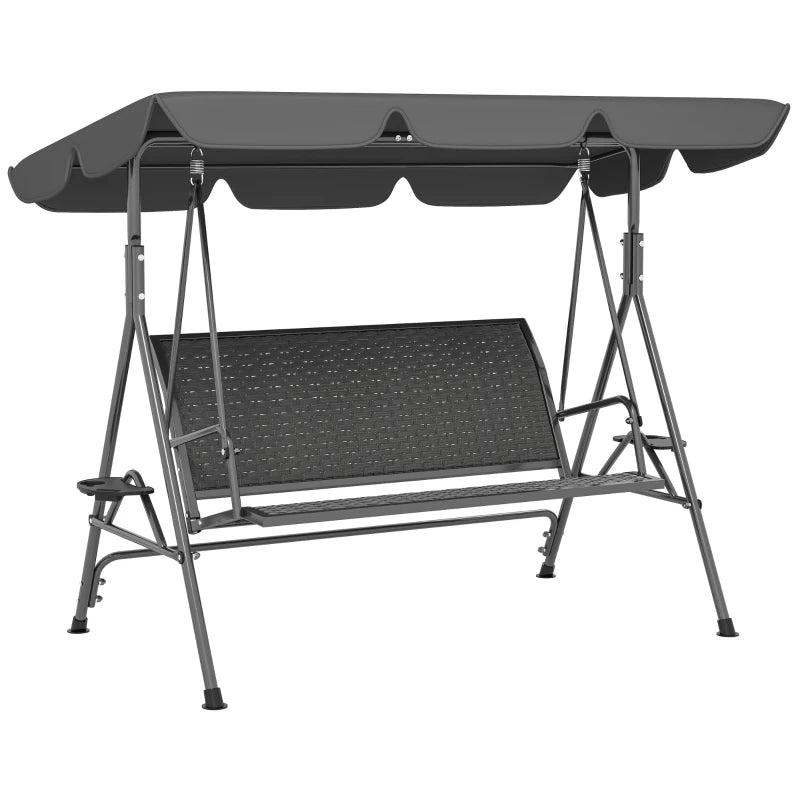 3 Seater Garden Swing Chair with Adjustable Canopy, Rattan Seat & Steel Frame, Grey