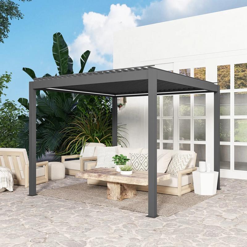 3m x 3m Electric Louvered Pergola with LED Lights - Solid Aluminium Hardtop Gazebo with Remote, Adjustable Roof and Drainage System, Water and UV Resistant