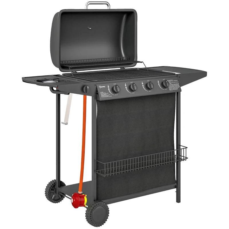 4+1 Burner Portable Gas BBQ Grill with Thermometer, Side Table, Wheels for Outdoor Cooking