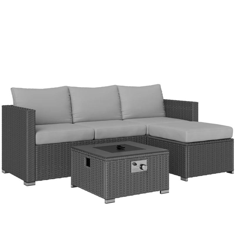 5-Piece Grey Rattan Garden Furniture Set with Gas Fire Pit Table & Footstools