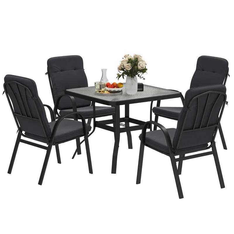 5-Piece Outdoor Square Garden Dining Set with Glass Table & Cushioned Chairs - Black
