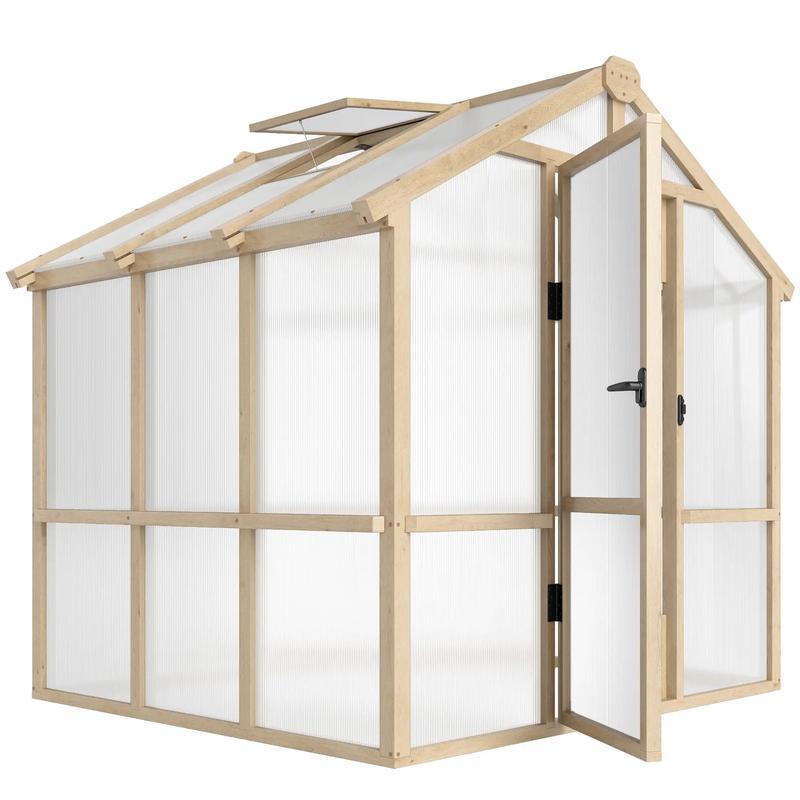 6.6ft x 6ft Polycarbonate Greenhouse - Walk-in Wooden Framed Greenhouse - Plants Grow House, Brown