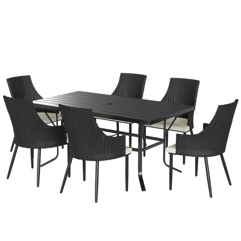 6 Seater Black & Cream White Rattan Dining Set with Cushions, Armchairs, Rectangle Slatted Table Top, Steel Frame, Parasol Hole, Wicker Outdoor Furniture for Patio