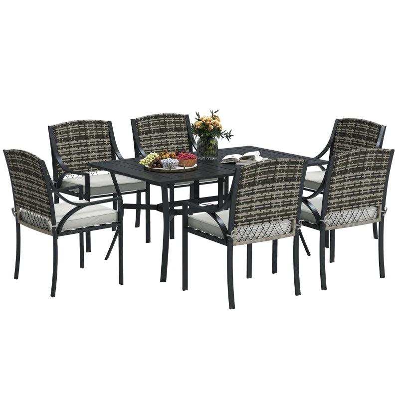 6 Seater Rattan Dining Set with 6 Armchairs, 150 x 96cm Rectangular Table, Umbrella Hole
