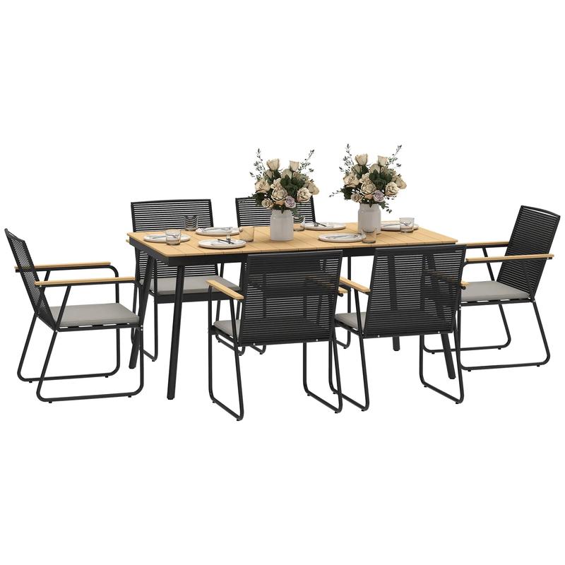 6 Seater Rattan Garden Dining Set with Cushions  Outdoor Patio Furniture with Rectangular Table, Nature Wood Effect, Ideal for Balcony, Poolside & Garden Use