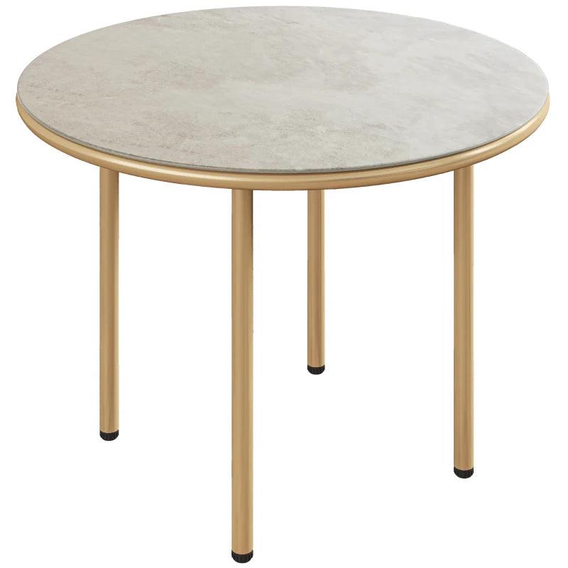 60cm Round Small Garden Table - Outdoor Side Table with Faux Marble Top, Steel Frame, Beige