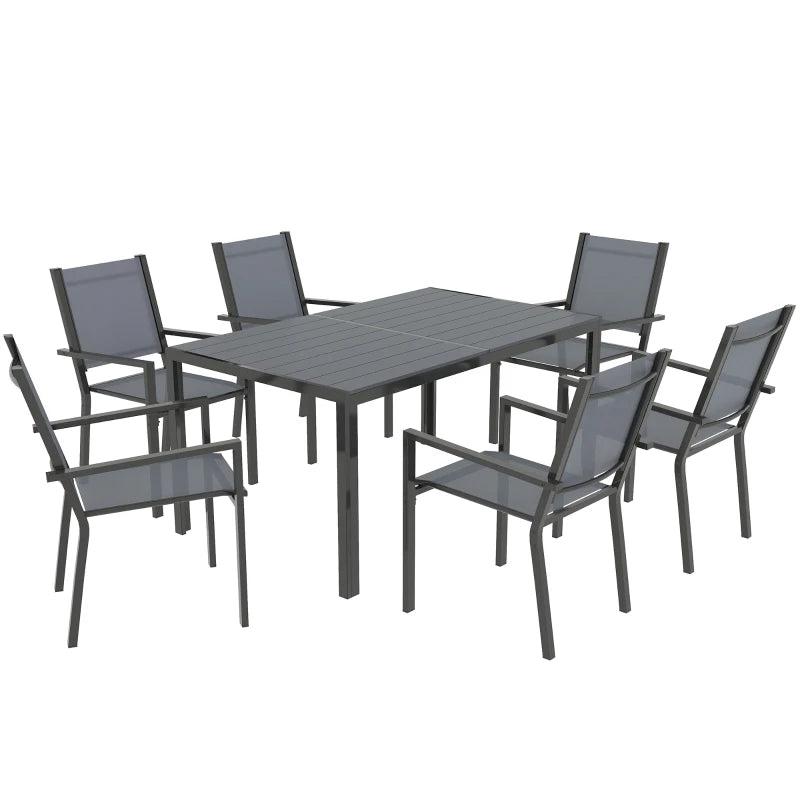 7 Piece Garden Dining Set With 6 Stackable Chairs and 150cm Rectangular Table + WPC Slatted Top