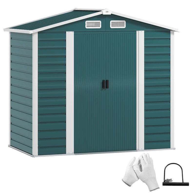 7ft x 4ft Green Metal Garden Shed - Easy Assembly, Galvanised Steel, Double Doors, Vents