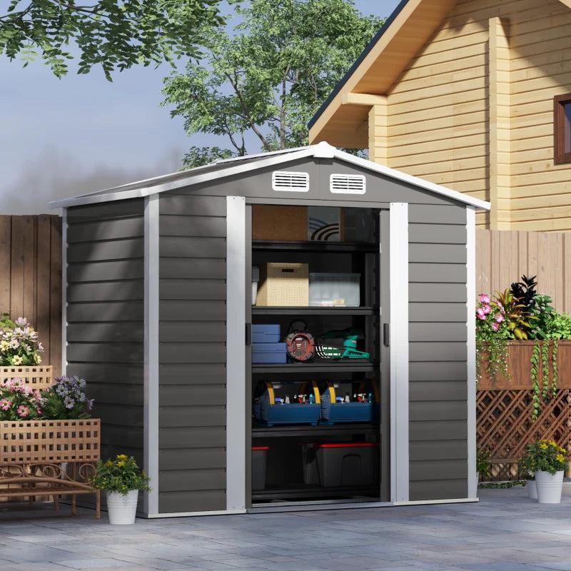 7x4ft Metal Garden Shed - Easy Assembly, Galvanised Steel, Double Doors, Vents, Light Grey