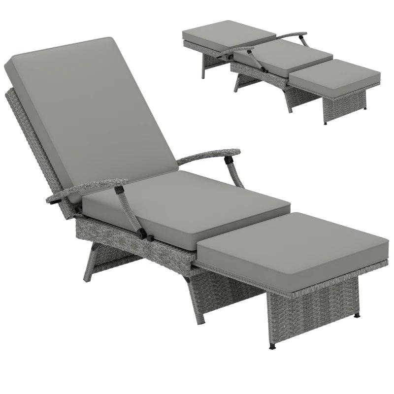 80 Reclining Rattan Lounger With Padded Cushions - Grey