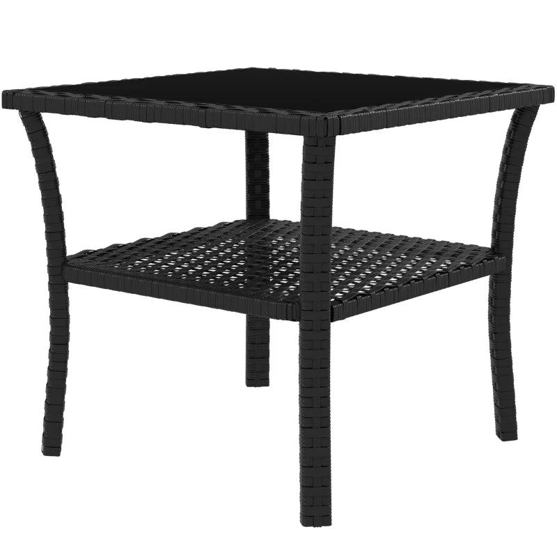 Black Two-Tier PE Rattan Square Coffee Table for Outdoor Patio and Garden