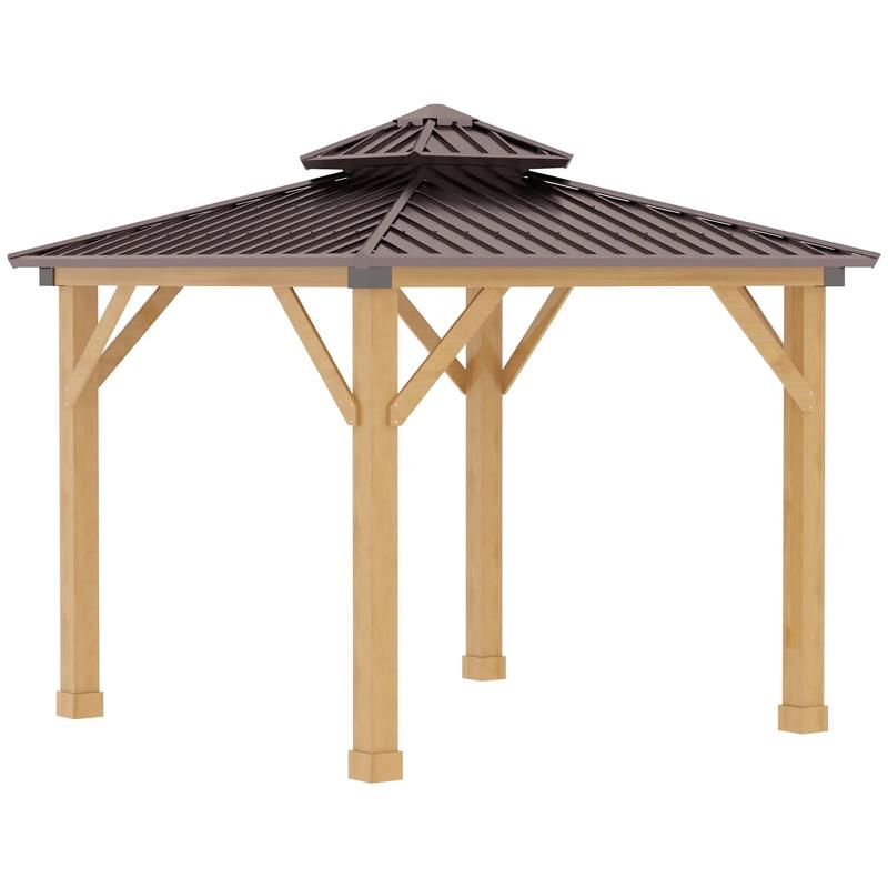 Brown 3m x 3m Hard Top Gazebo With 2-Tier Roof and Solid Wood Frame