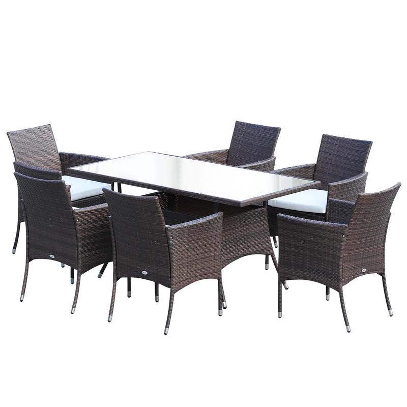 Brown 6 Seater Rattan Dining Set with Cushions and Rectangular Glass Top Table