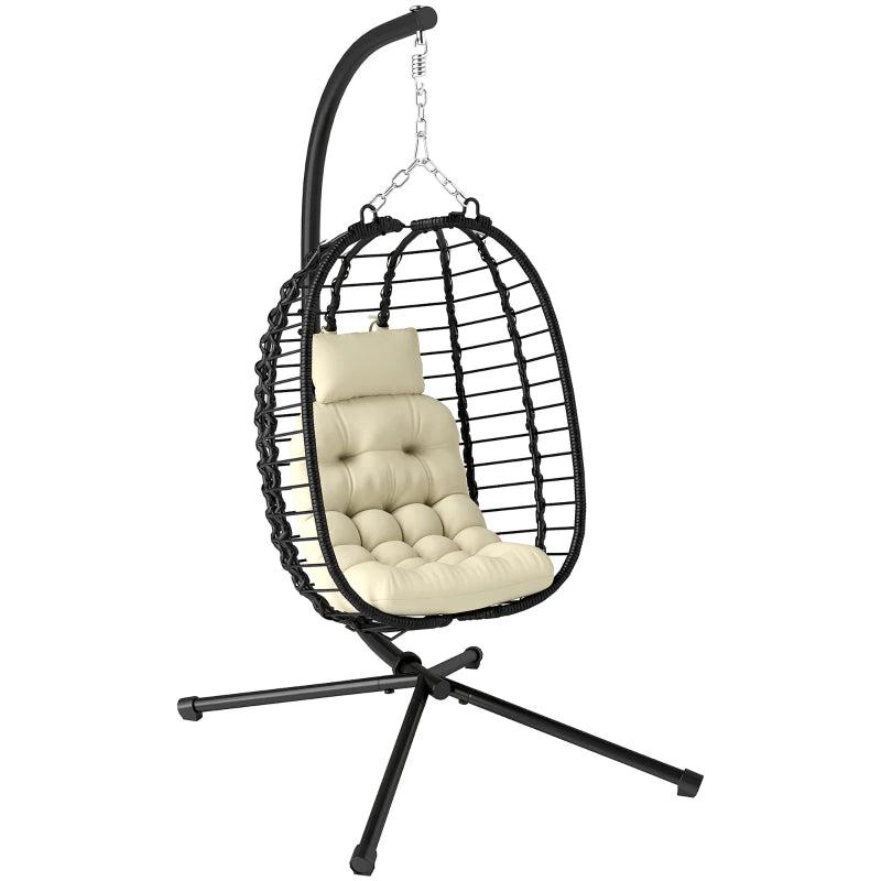 Rattan Hanging Egg Chair with Cushion, Adjustable Height, Steel Frame for Indoor Outdoor Use