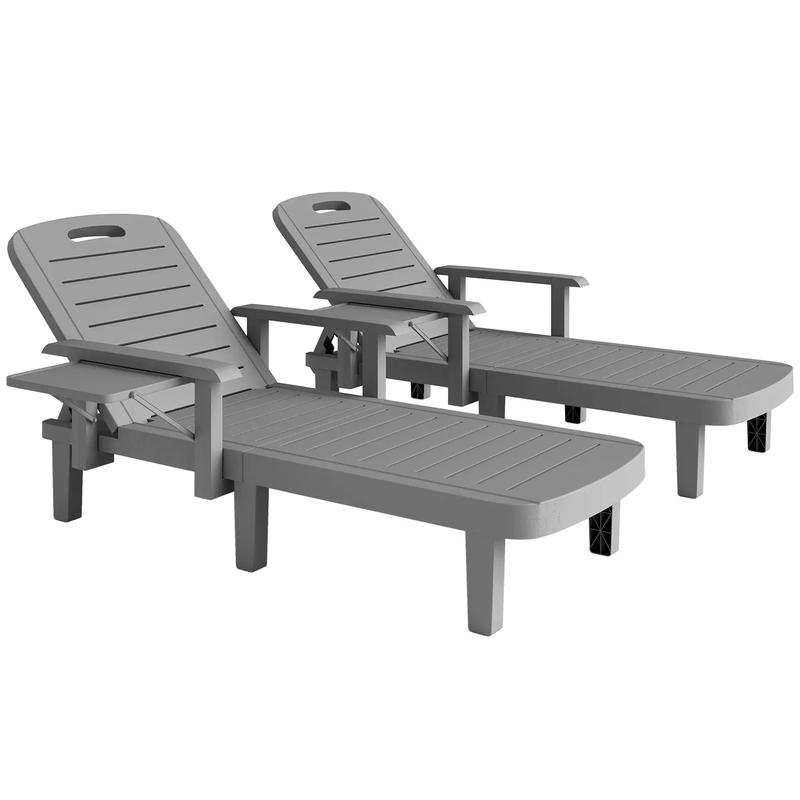 Set of 2 Resin Reclining Sun Loungers for Garden - 5 Positions - Outdoor Chaise Lounge Chairs with Wood Texture Surface, Armrests & Foldable Side Table