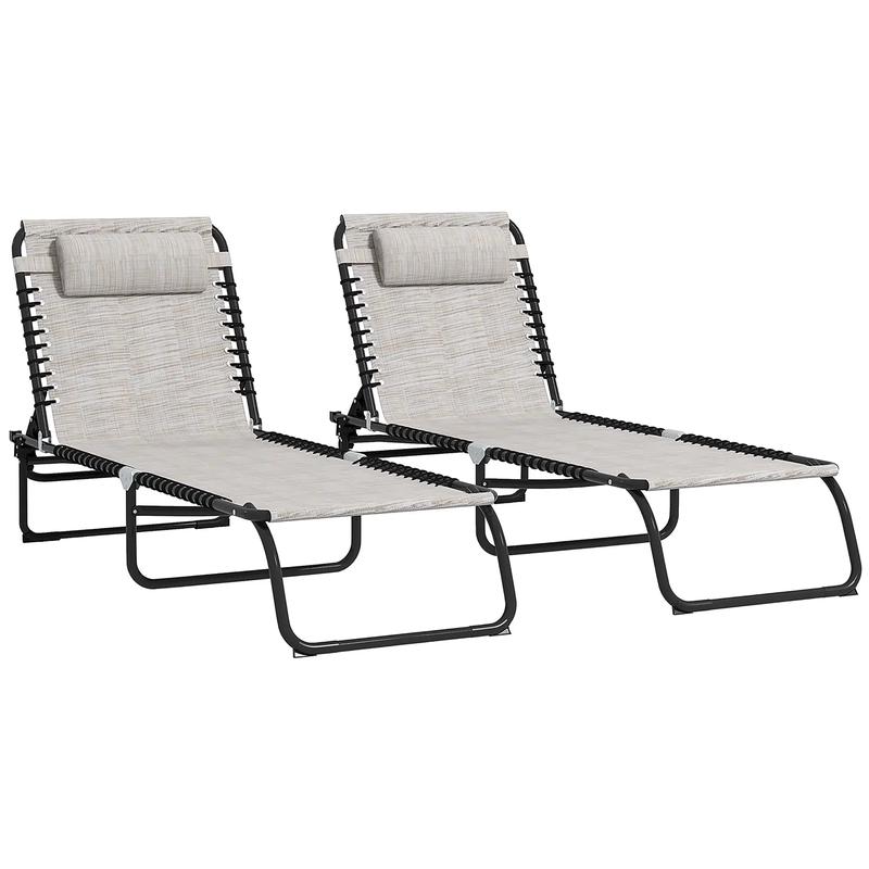 Set of Two Folding Sun Loungers With Four-Position Backs - Cream