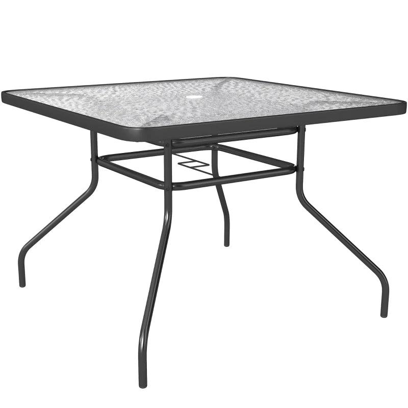 Square Garden Dining Table with Tempered Glass Top & Umbrella Hole - 100x100 cm Outdoor Furniture