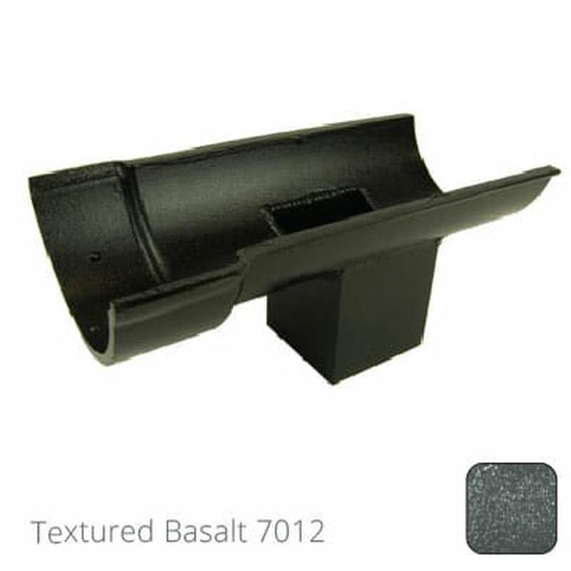 Alumasc 115mm (4.5") Beaded Half Round Cast Aluminium Single Spigot/Socket Running Outlet with 75x75mm square outlet pipe - Textured Basalt Grey RAL 7012