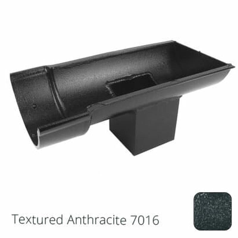 Alumasc 115mm (4.5") Beaded Half Round Cast Aluminium Stop-end Socket Outlet with 75x75mm square outlet pipe - Textured Anthracite Grey RAL 7016