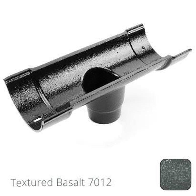 Alumasc 115mm (4.5") Beaded Half Round Cast Aluminium Double Socket Running Outlet with 63mm outlet pipe - Textured Basalt Grey RAL 7012