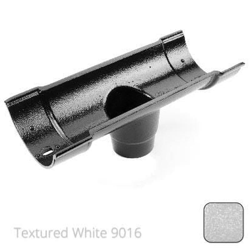 Alumasc 115mm (4.5") Beaded Half Round Cast Aluminium Double Socket Running Outlet with 63mm outlet pipe - Textured Traffic White RAL 9016