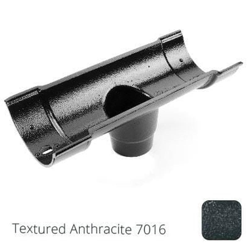 Alumasc 115mm (4.5") Beaded Half Round Cast Aluminium Double Socket Running Outlet with 75mm outlet pipe - Textured Anthracite Grey RAL 7016