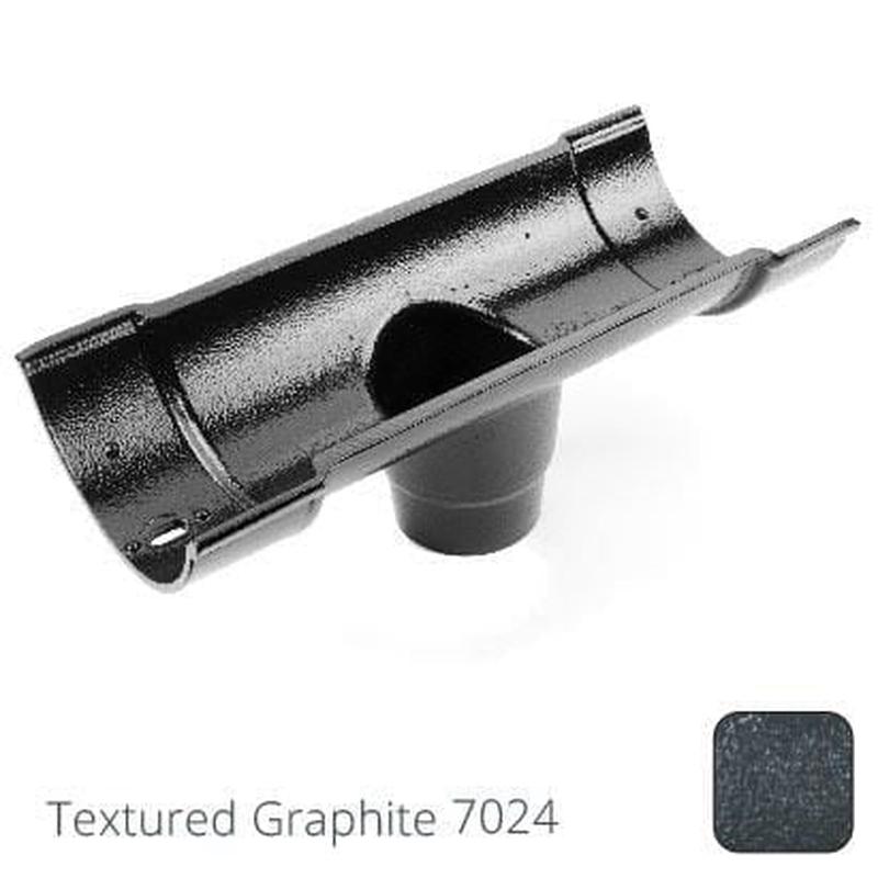 Alumasc 115mm (4.5") Beaded Half Round Cast Aluminium Double Socket Running Outlet with 75mm outlet pipe - Textured Graphite Grey RAL 7024