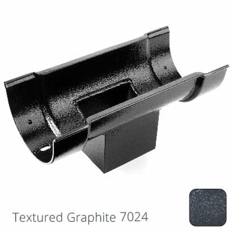 Alumasc 115mm (4.5") Beaded Half Round Cast Aluminium Double Socket Running Outlet with 75x75mm square outlet pipe - Textured Graphite Grey RAL 7024