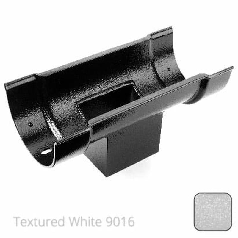 Alumasc 115mm (4.5") Beaded Half Round Cast Aluminium Double Socket Running Outlet with 75x75mm square outlet pipe - Textured Traffic White RAL 9016