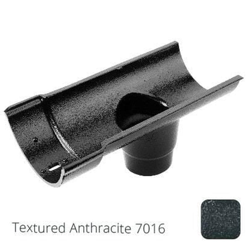 Alumasc 115mm (4.5") Beaded Half Round Cast Aluminium Single Spigot/Socket Running Outlet with 75mm outlet pipe - Textured Anthracite Grey RAL 7016