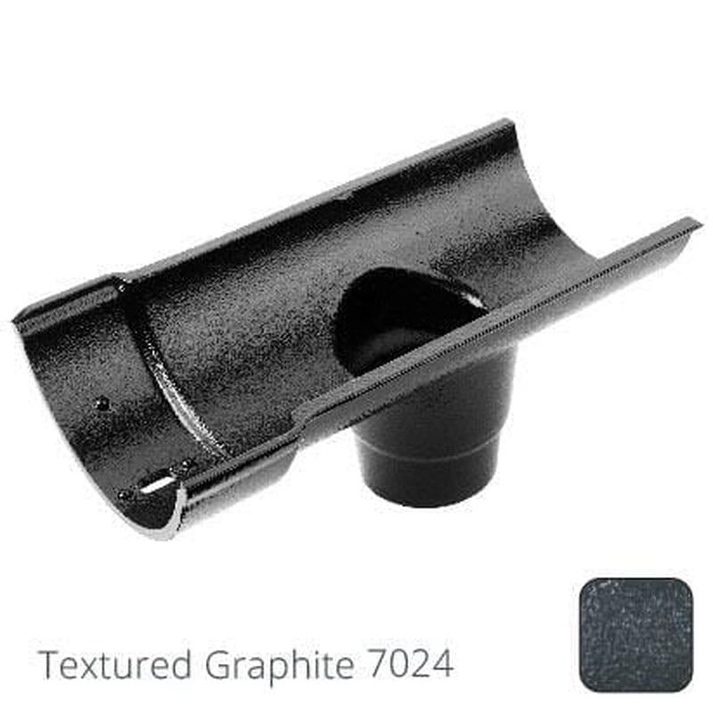 Alumasc 115mm (4.5") Beaded Half Round Cast Aluminium Single Spigot/Socket Running Outlet with 75mm outlet pipe - Textured Graphite Grey RAL 7024