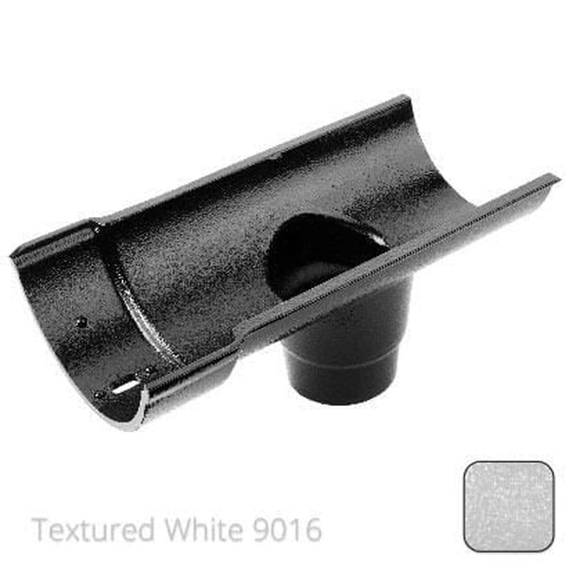 Alumasc 115mm (4.5") Beaded Half Round Cast Aluminium Single Spigot/Socket Running Outlet with 75mm outlet pipe - Textured Traffic White RAL 9016