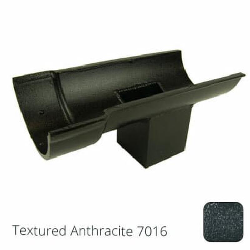 Alumasc 115mm (4.5") Beaded Half Round Cast Aluminium Single Spigot/Socket Running Outlet with 75x75mm square outlet pipe - Textured Anthracite Grey RAL 7016