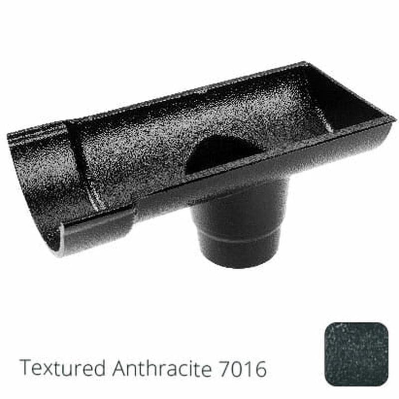 Alumasc 115mm (4.5") Beaded Half Round Cast Aluminium Stop-end Socket Outlet with 63mm outlet pipe - Textured Anthracite Grey RAL 7016