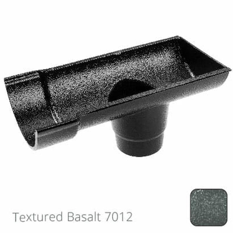 Alumasc 115mm (4.5") Beaded Half Round Cast Aluminium Stop-end Socket Outlet with 63mm outlet pipe - Textured Basalt Grey RAL 7012